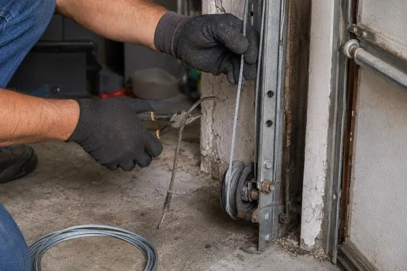 Gloved hands holding a bright cable and pliers gripping a frayed cable beside a garage-door track and pulley. — Garage Door Cable Replacement, Oakville