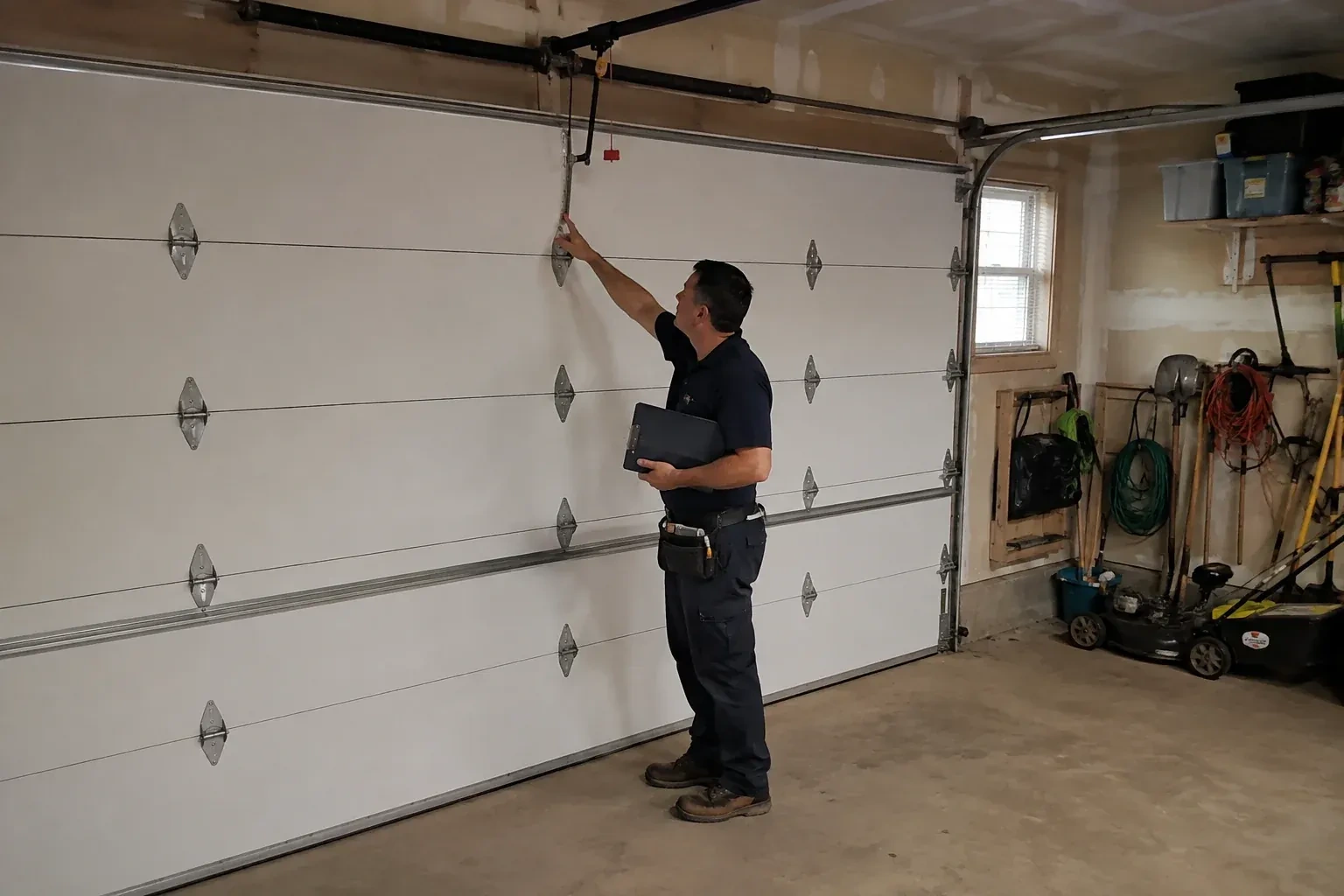 A person holding a clipboard examines the interior hardware of a closed garage door. — Garage Door Tune-Up, Oakville