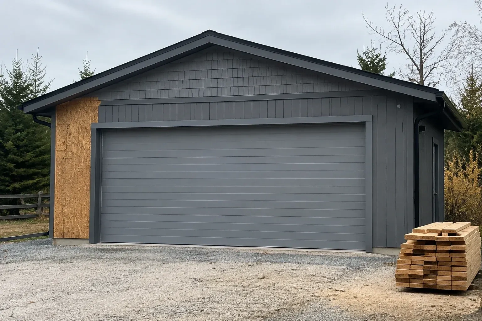Closed grey garage door on a partly finished building beside stacked lumber. — New-Construction Garage Door Installation, Oakville