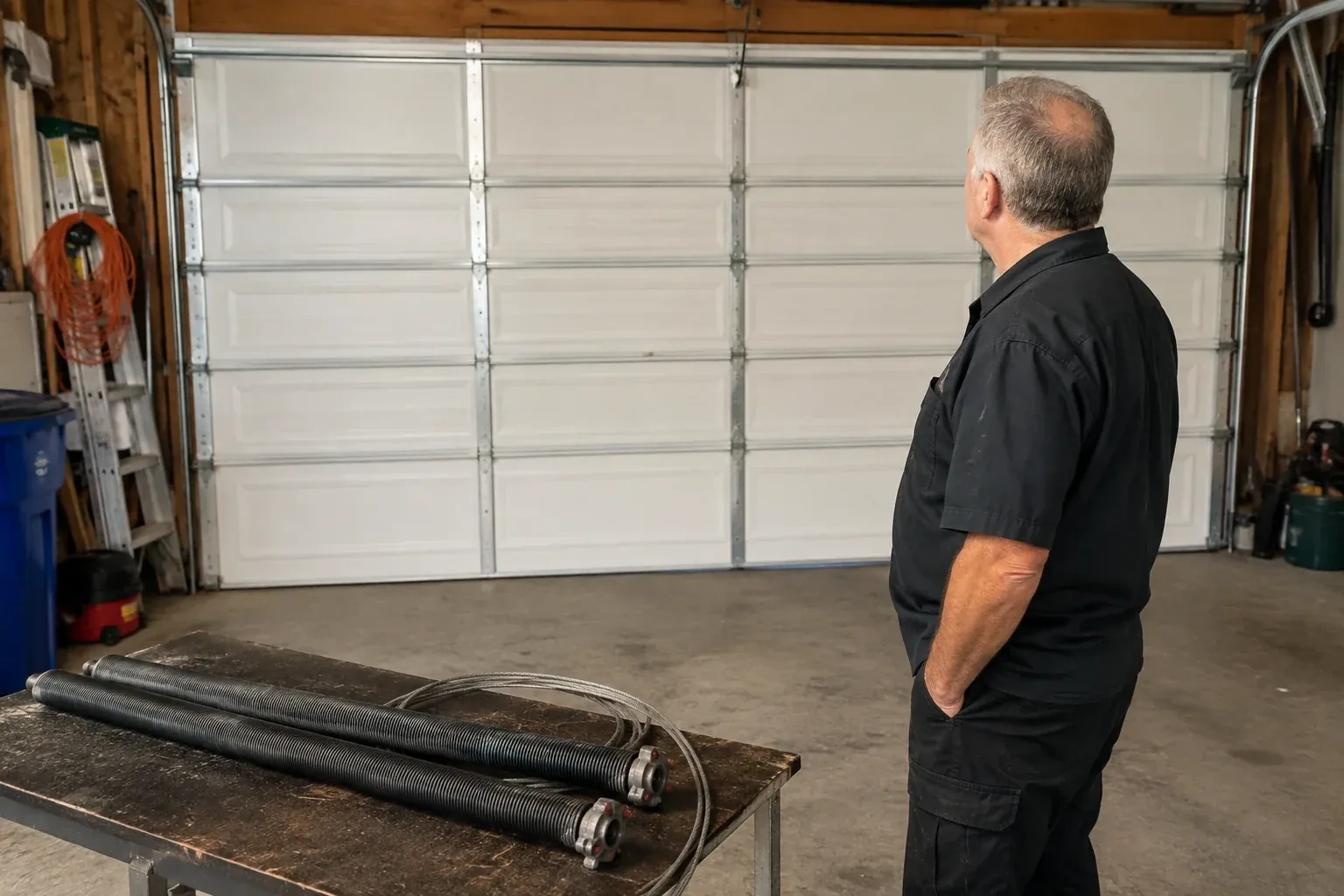 Detached coil springs with end fittings and a cable rest on a bench in front of a closed garage door. — Torsion Spring Replacement, Oakville