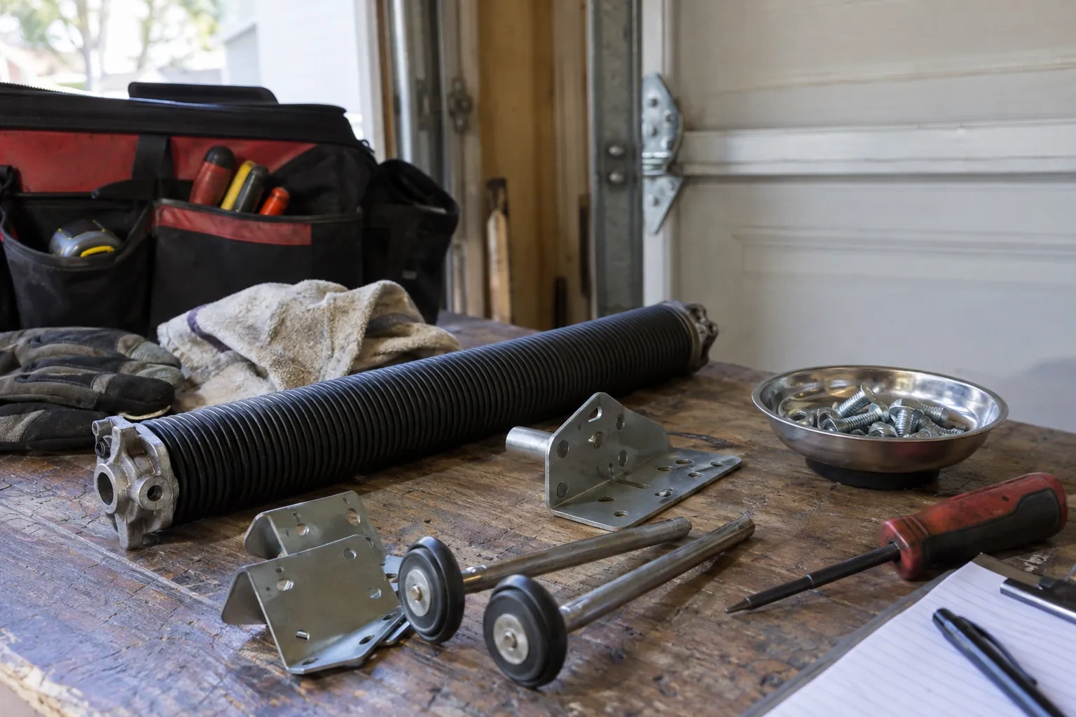 Black coiled torsion spring, two door rollers, metal brackets, a screw dish, gloves and a tool bag on a wooden workbench. — Falgarwood