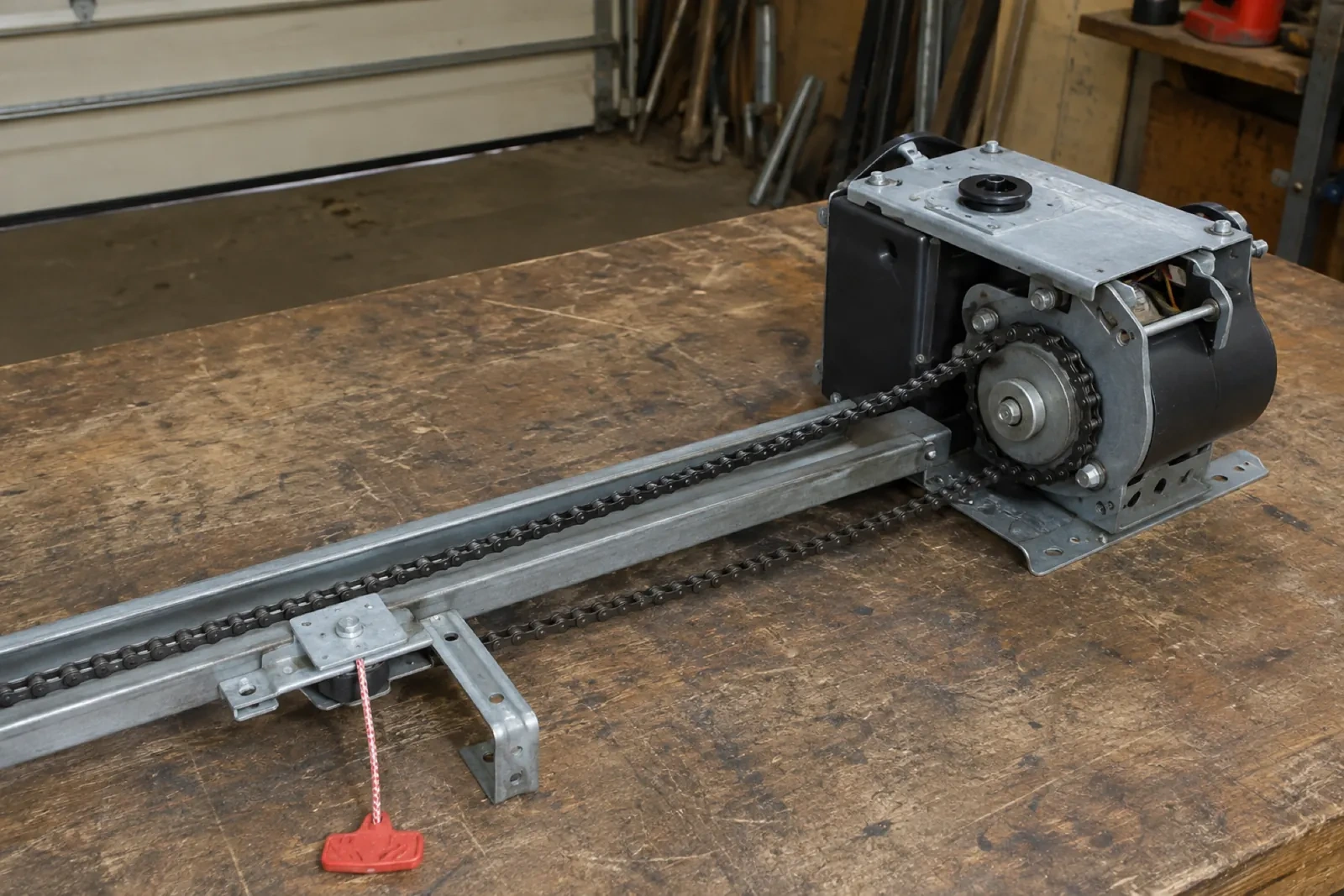Garage door opener motor with a chain, a metal rail and a red pull handle lying on a worn workbench.