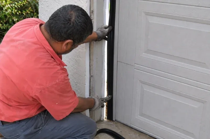 Gloved person holding a black strip along the side of a sectional garage-door opening — Garage Door Perimeter Weatherstrip, Oakville