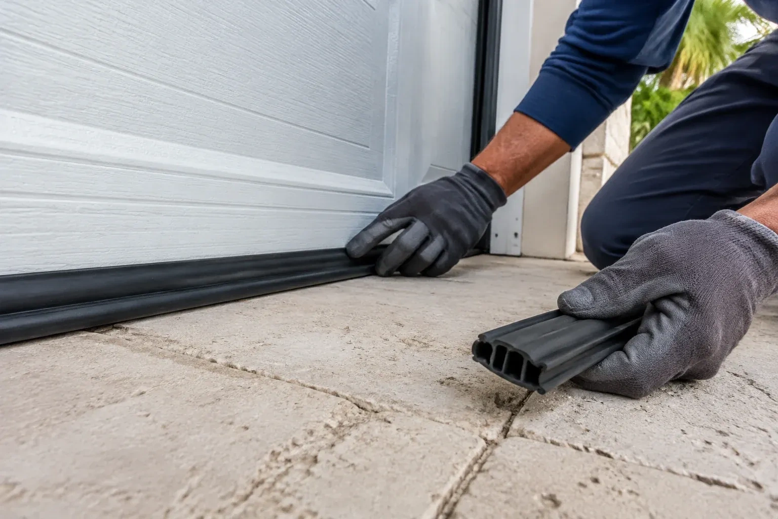 Gloved hands setting a black rubber seal along the base of a white garage door, holding a ribbed strip over paving stones. — Garage Door Bottom Seal Replacement, Clearview