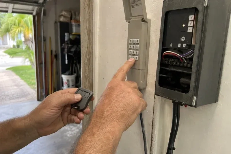 Hands holding a small remote and pressing a wall-mounted keypad beside an open control box with visible wiring. — Garage Door Remote and Keypad Programming, Oakville