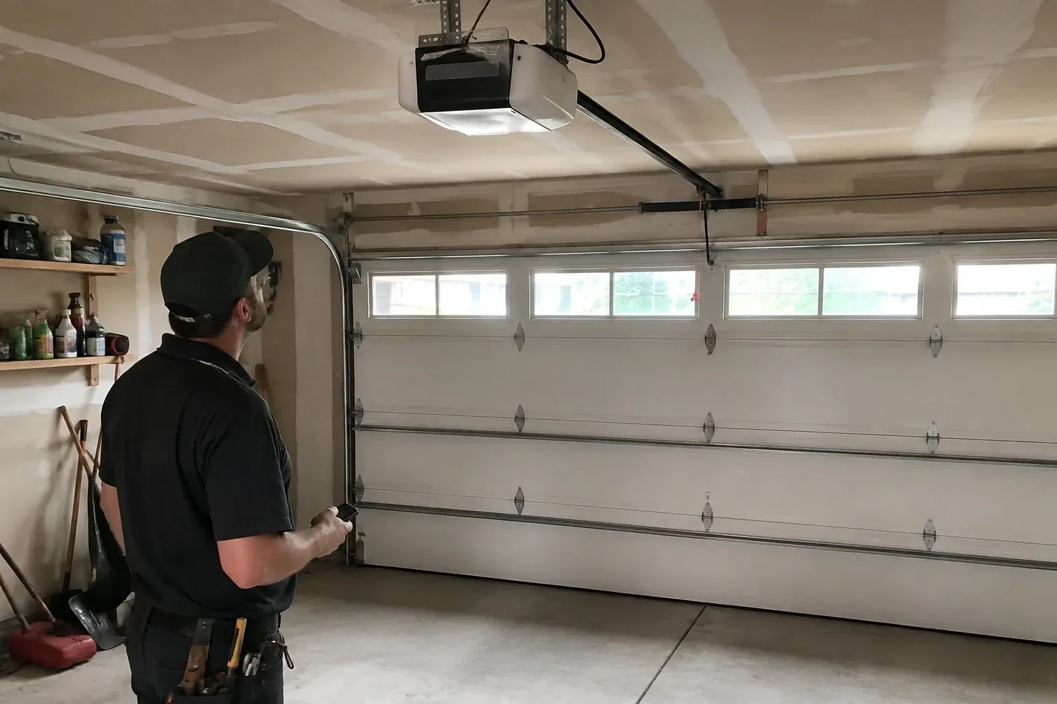 A person looks at an overhead opener above a closed garage door with a row of windows. — Garage Door Opener Replacement, Oakville