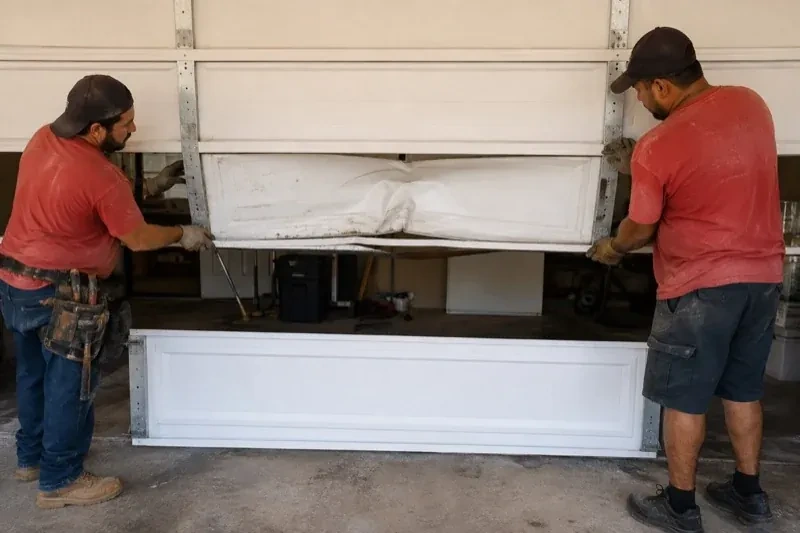 Two people holding a dented lower garage-door section above a separate white panel resting on the ground. — Garage Door Panel Replacement, Oakville