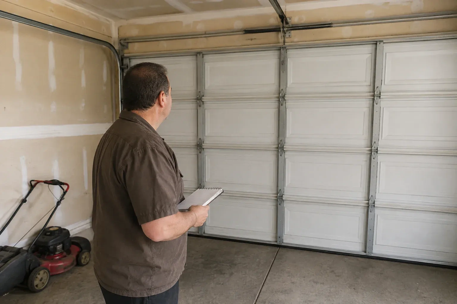 Technician holding a notebook while looking at a closed sectional door. — Garage Door Balance Adjustment, Oakville