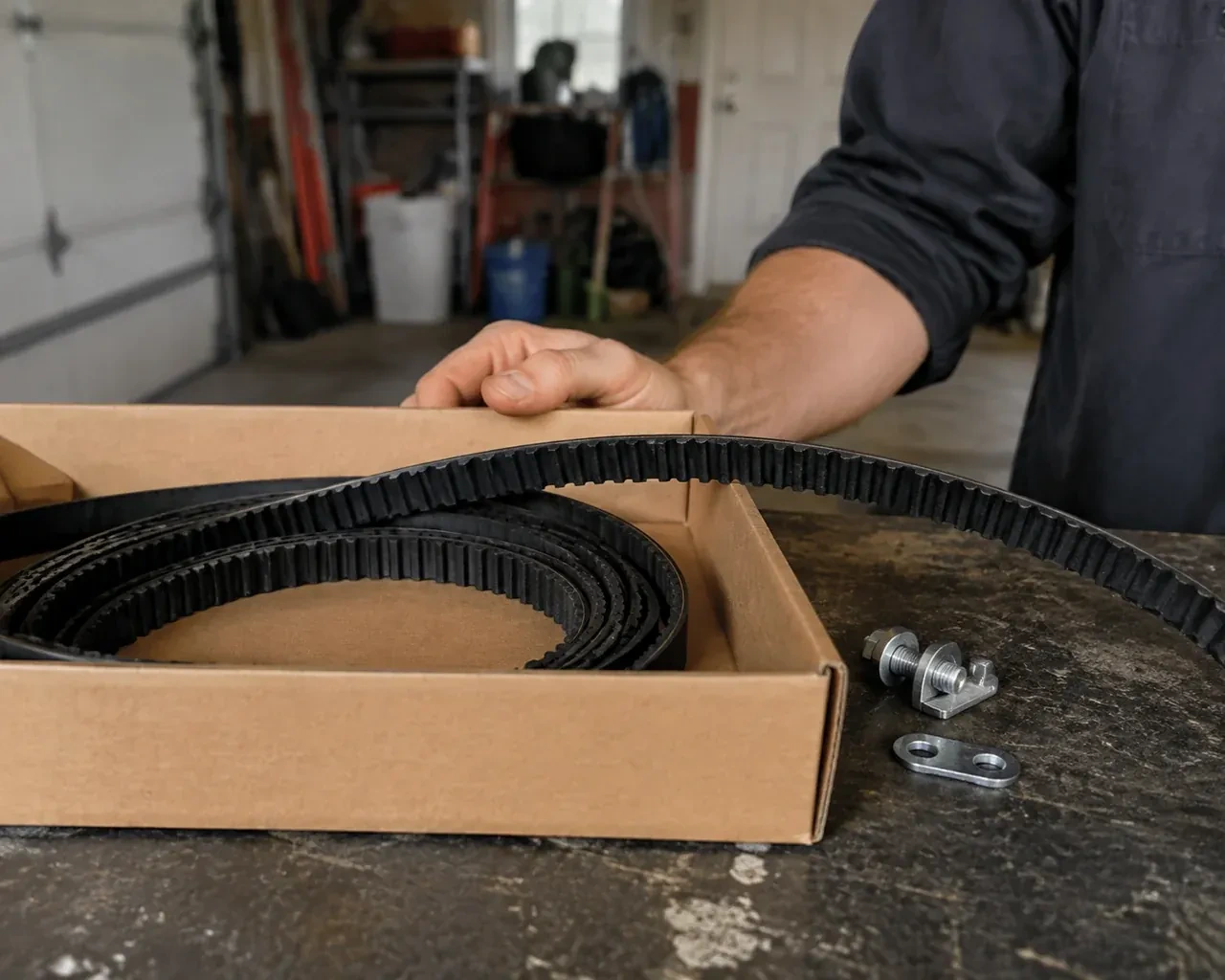 A toothed black drive belt lies in an open cardboard box beside small metal fittings on a garage workbench. — Belt-Drive Opener Repair, Oakville