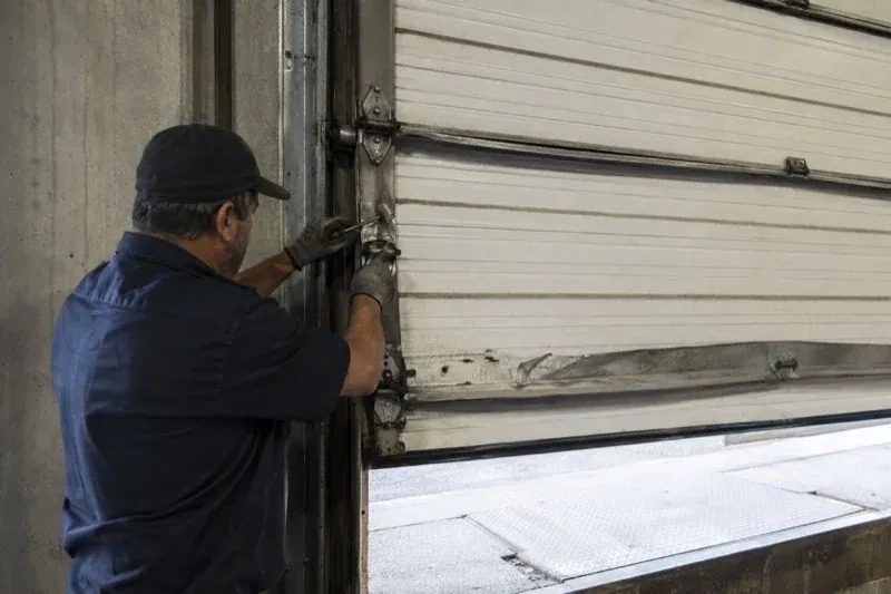 Person holding tools at the side hinge of a partly raised industrial sectional door — Commercial Sectional Door Repair, Oakville