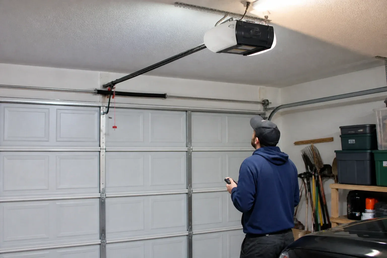 A person holding a remote looks toward an overhead garage-door opener and rail. — Garage Door Opener Diagnosis and Repair, Oakville