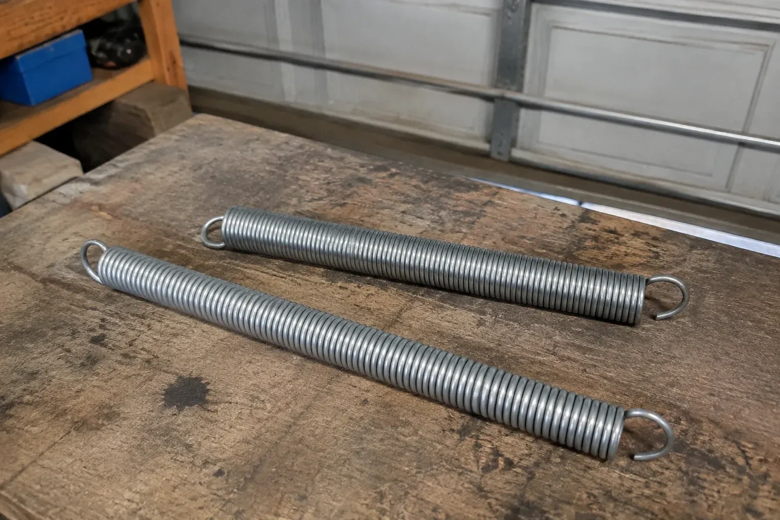 Two detached extension springs with hooked ends on a garage bench. — Extension Spring Replacement, Oakville