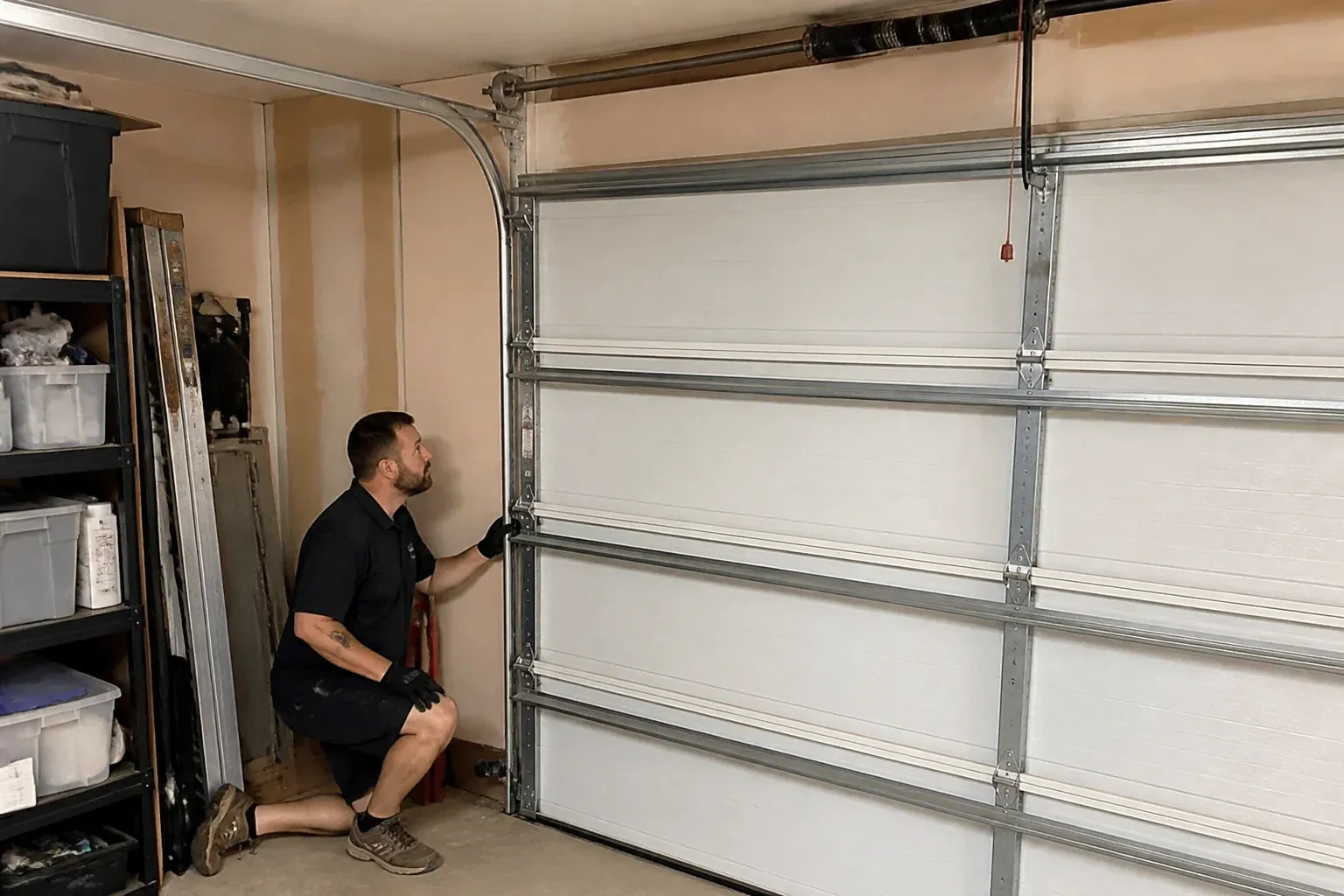 A person examines the vertical side track of a closed garage door. — Garage Door Track Repair or Replacement, Oakville
