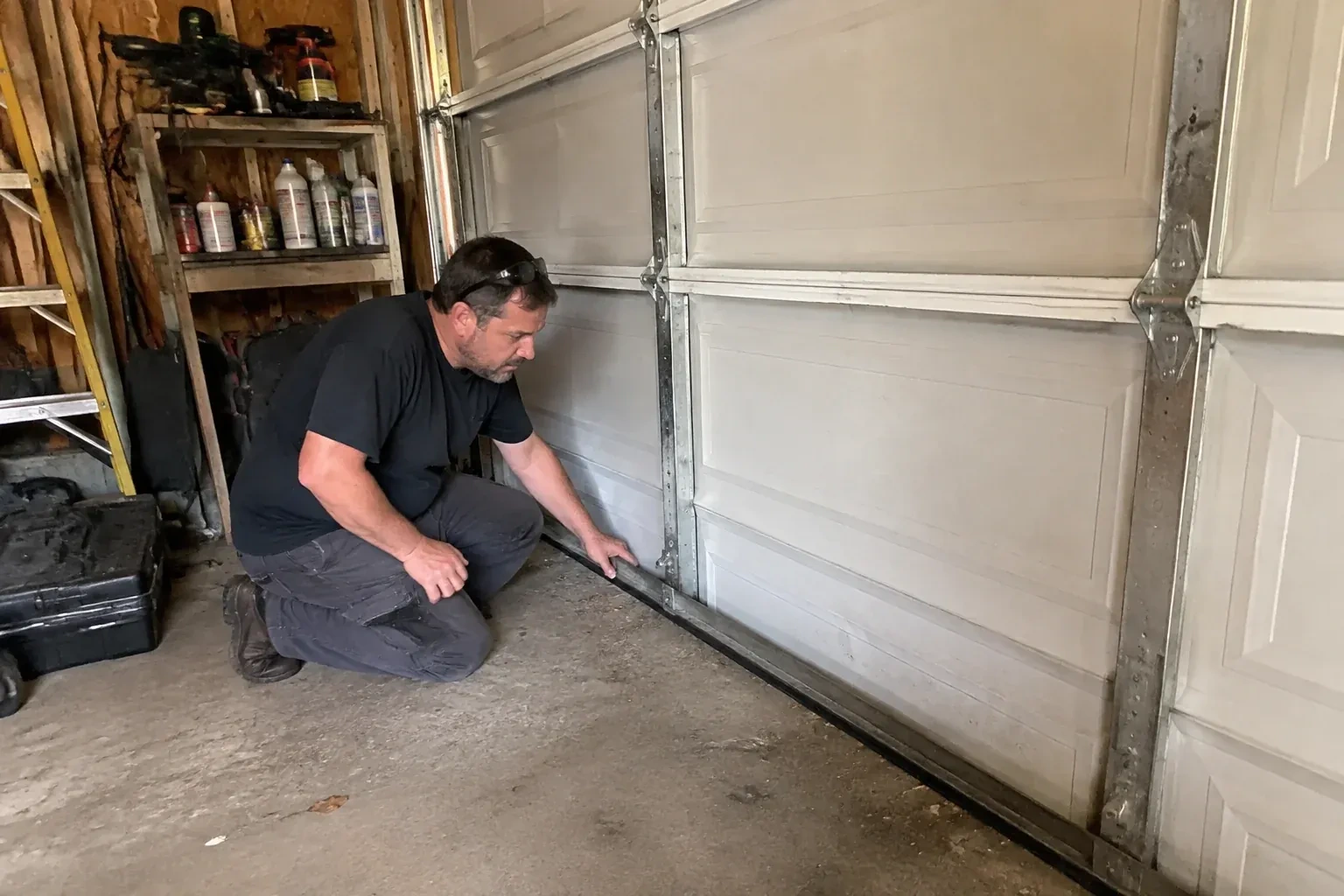 Person kneeling by a white paneled door in a garage, one hand on the black seal along its bottom edge. — Garage Door Roller Replacement, Oakville