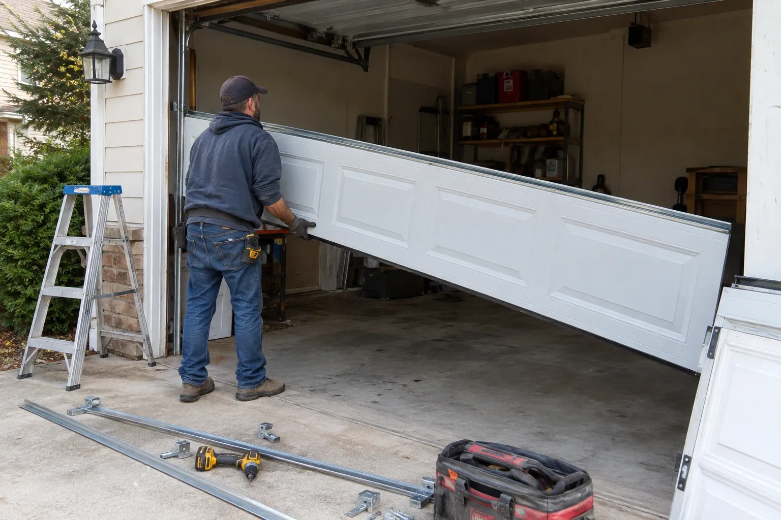 Person tilting a white paneled door section into the opening, beside metal track pieces, a drill and a tool bag.