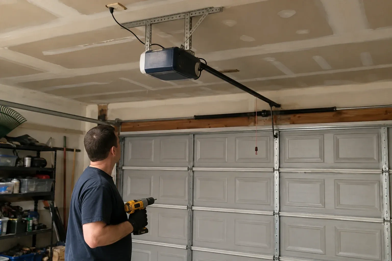 Person holding a yellow drill and looking up at a blue and white opener above a gray paneled garage door. — Chain-Drive Opener Repair, Oakville